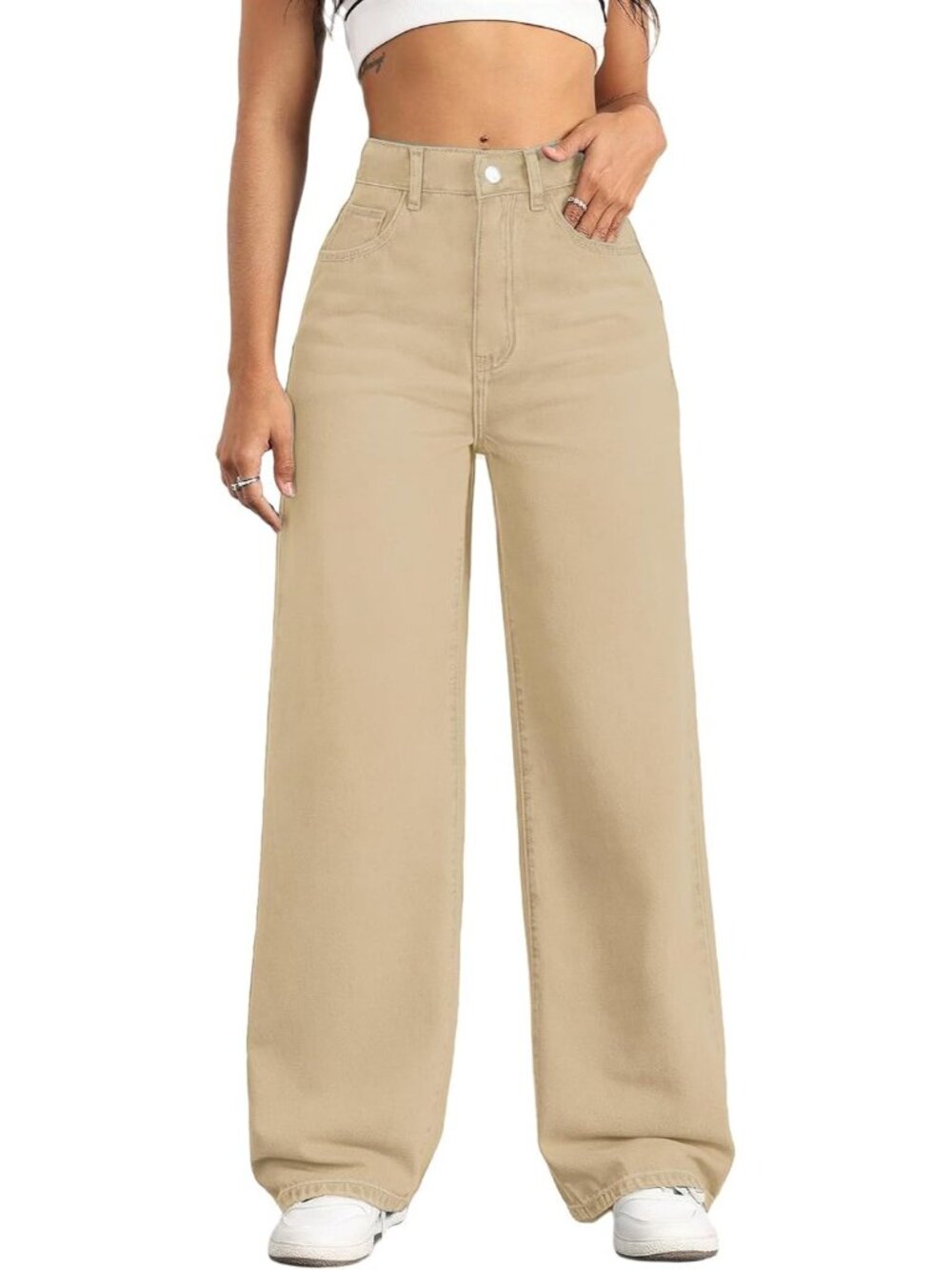 Women's Apricot High Waisted Wide Denim Pants Baggy Trendy Straight Leg Jeans